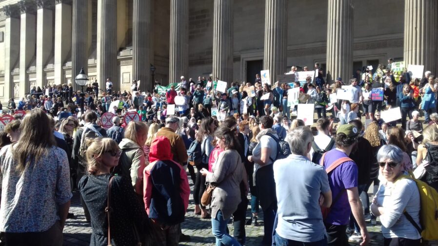 Crowd of climate protesters in Liverpool